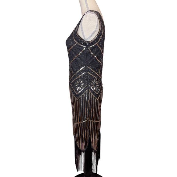 Retro Sequin Flapper Dress with Fringe Black and Gold Small - Picture 3 of 14